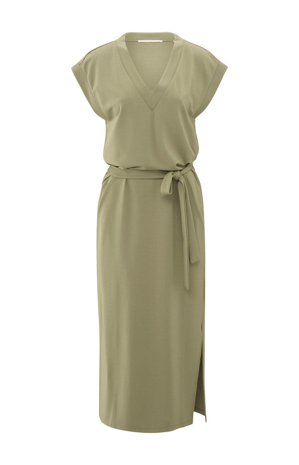 yaya Jurk met V-hals en strikceintuur Soft Green