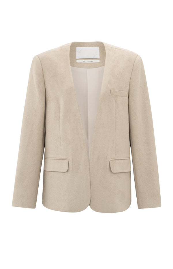 Yaya Suedine Blazer Zonder Kraag Humus Beige