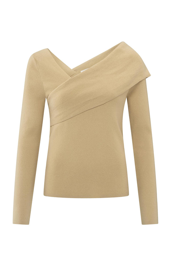 Yaya Top Met Overslaghals Croissant Brown Melange