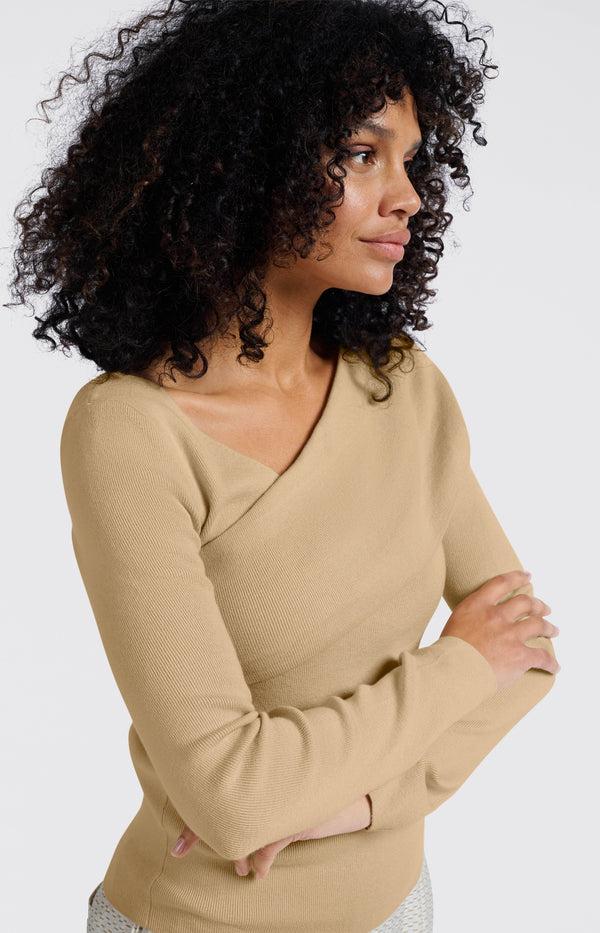 yaya Top met overslaghals Croissant Brown Melange