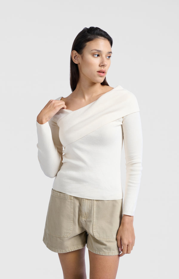 Yaya Top Met Overslaghals Off White Knit