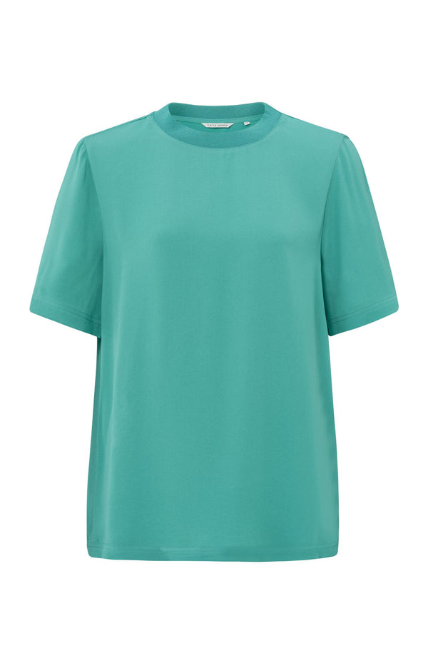 Yaya Zacht Geweven T-shirt Met Ronde Hals En Korte Mouwen Lagoon Blue
