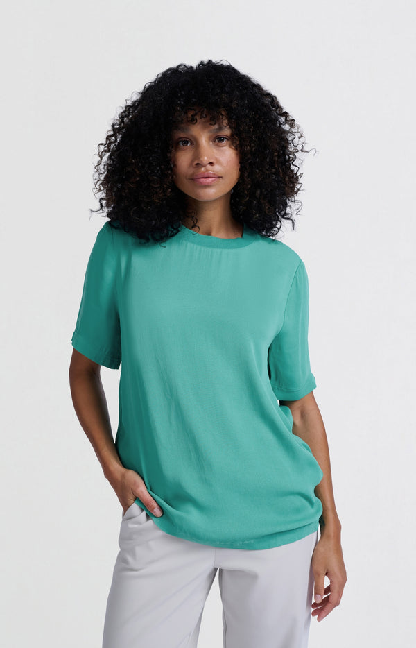 yaya Zacht geweven T-shirt met ronde hals en korte mouwen Lagoon Blue
