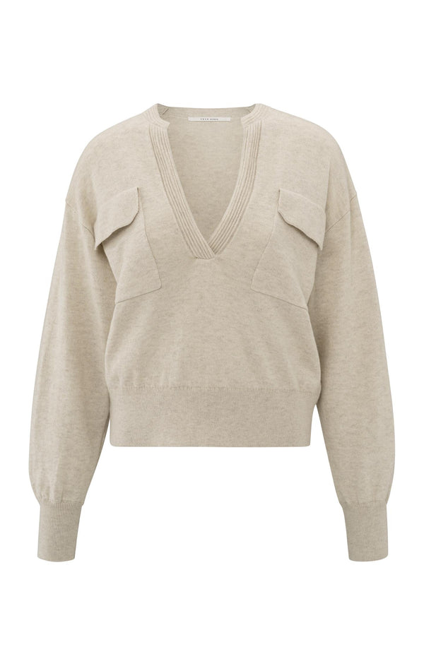 Yaya Zachte Trui Met V-hals En Borstzakken Light Beige Melange