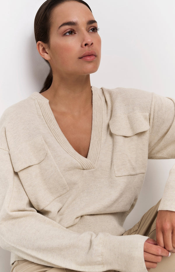 yaya Zachte trui met V-hals en borstzakken Light Beige Melange