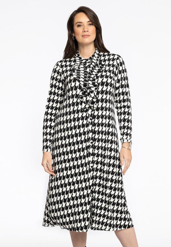 yoek Blouse jurk met ruches PIED DE POULE - Zwart