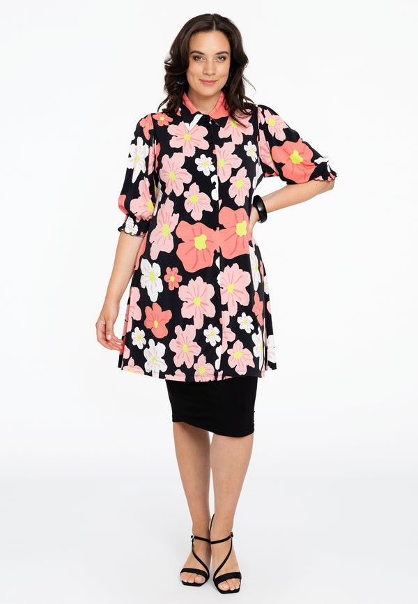 Yoek Blouse Met Pofmouw HIBISCUS - Zwart