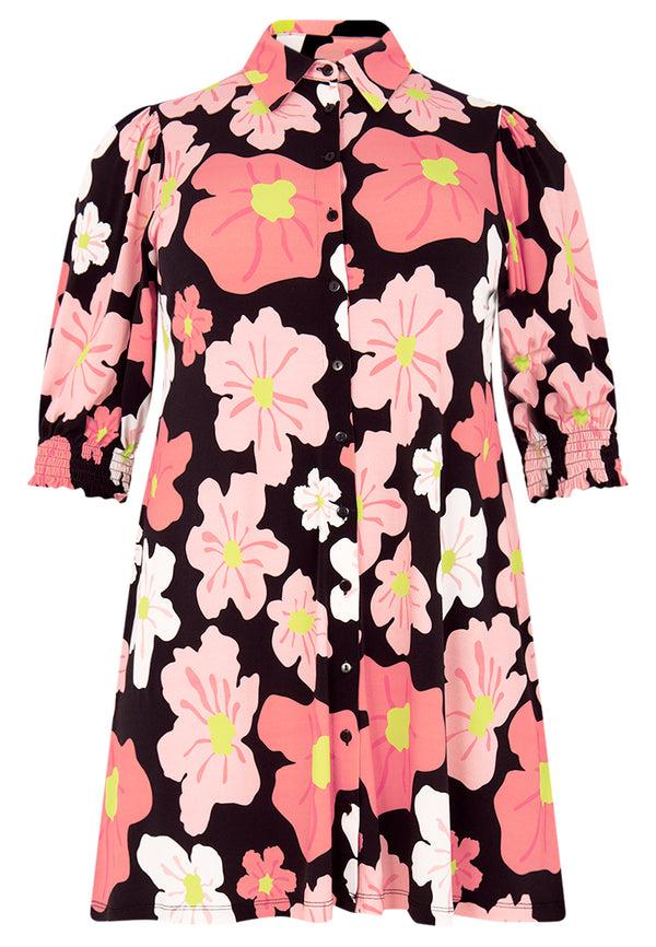 Yoek Blouse Met Pofmouw HIBISCUS - Zwart