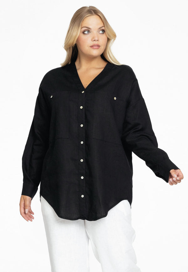 yoek Blouse oversized LINEN - Zwart