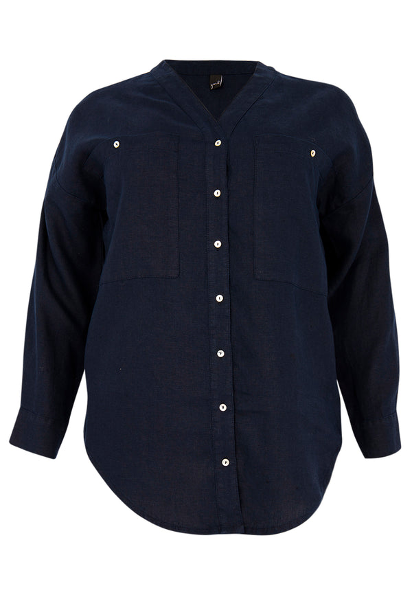 Yoek Blouse V-hals LINEN - Blauw
