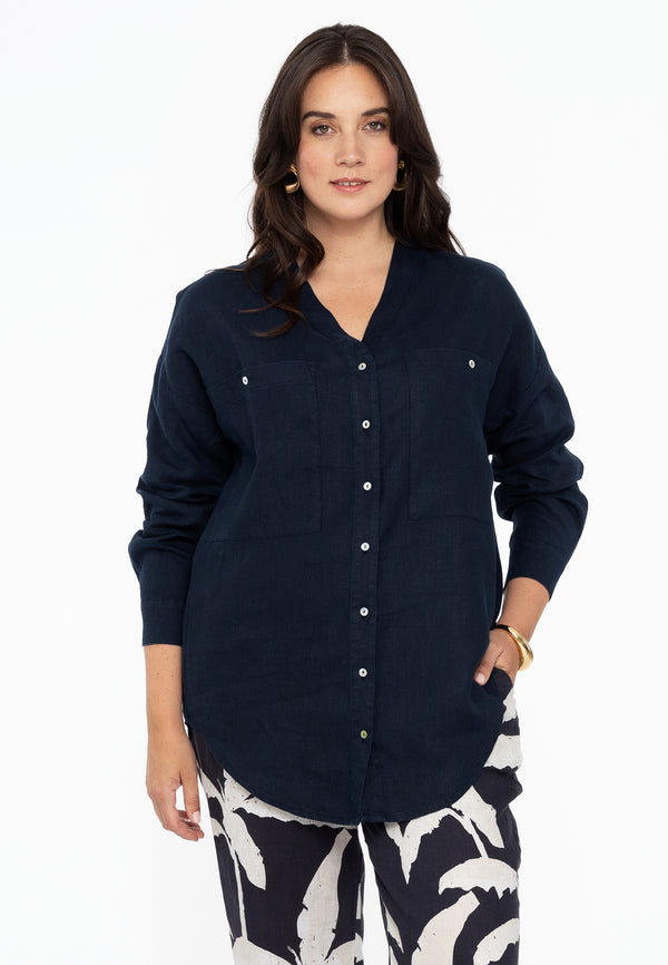 yoek Blouse V-hals LINEN - Blauw