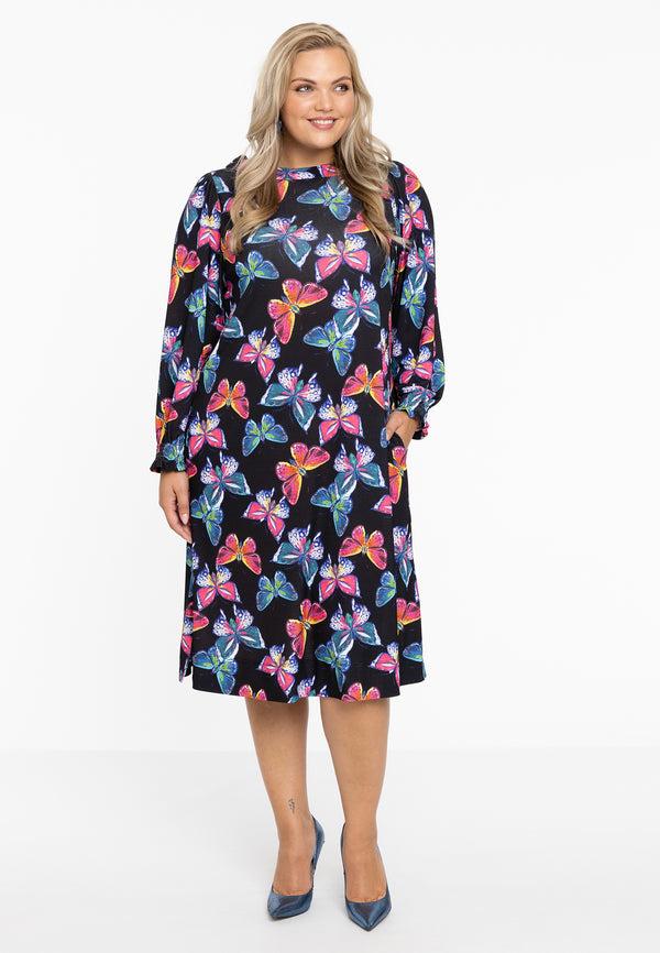 Yoek Dress Puff Sleeves BUTTERFLIES - Zwart