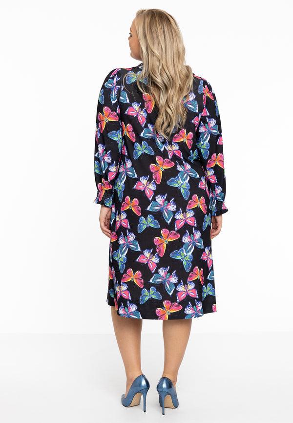 Yoek Dress Puff Sleeves BUTTERFLIES - Zwart
