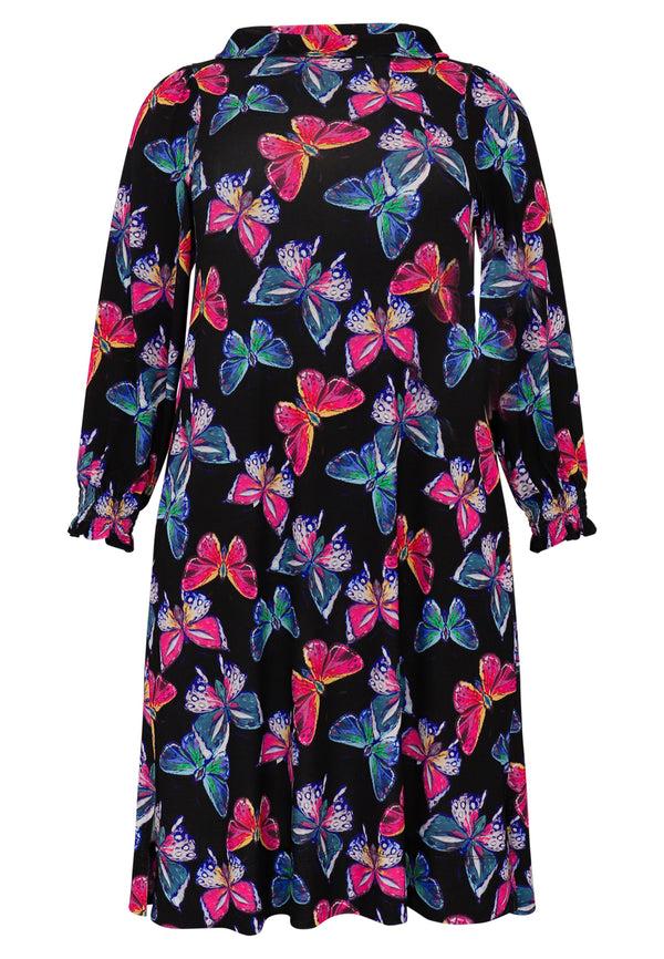 Yoek Dress Puff Sleeves BUTTERFLIES - Zwart