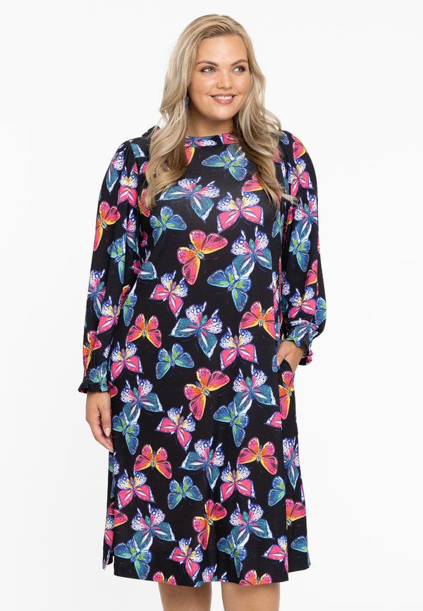 yoek Dress puff sleeves BUTTERFLIES - Zwart