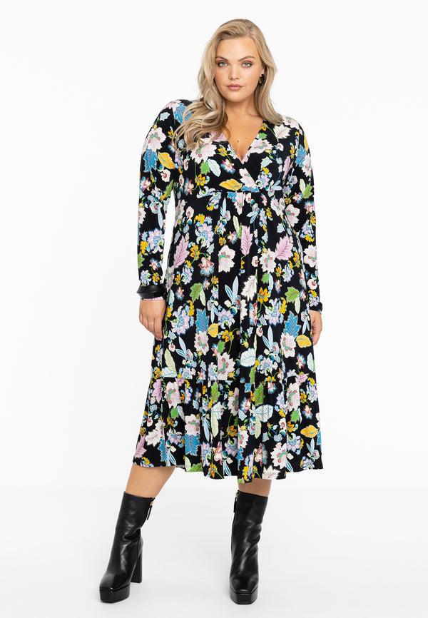Yoek Dress V FLOWERPOWER - Zwart