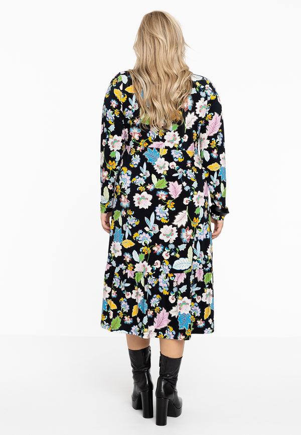 Yoek Dress V FLOWERPOWER - Zwart