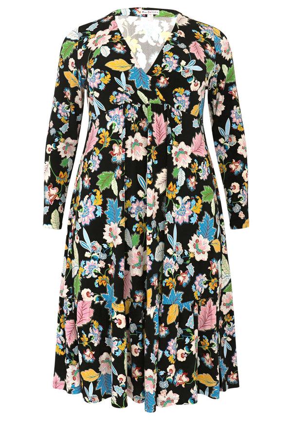 Yoek Dress V FLOWERPOWER - Zwart