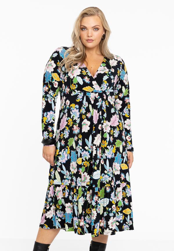 yoek Dress V FLOWERPOWER - Zwart