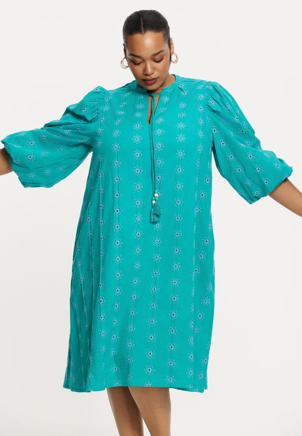 yoek Jurk broderie anglaise COTTON - Turquoise