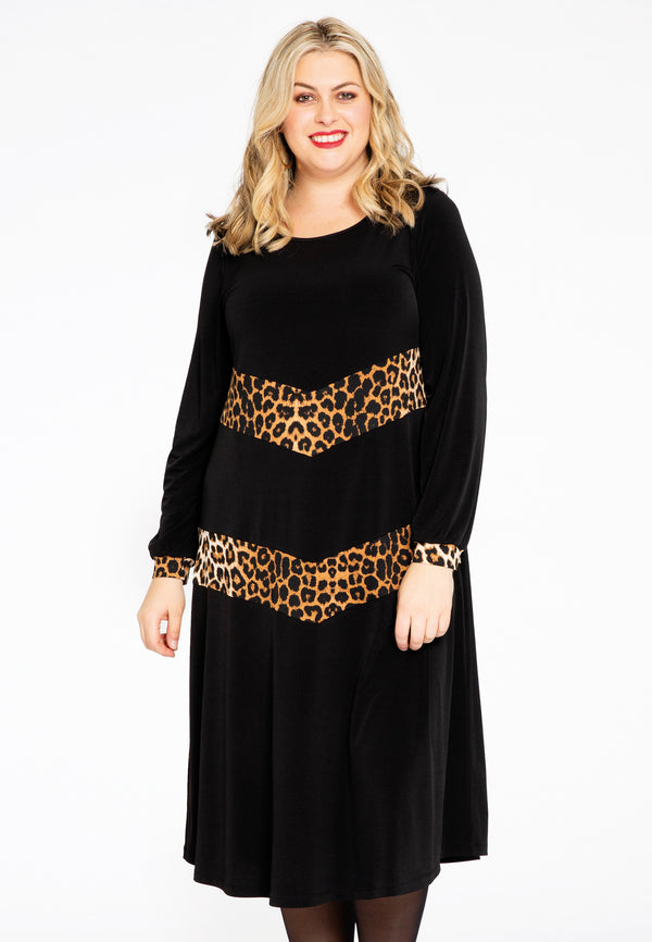 yoek Jurk met contrast LEOPARD - Zwart