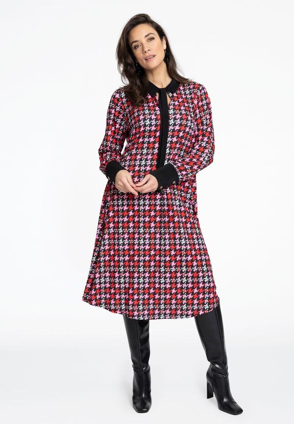 Yoek Jurk Met Strik PIED DE POULE - Rood