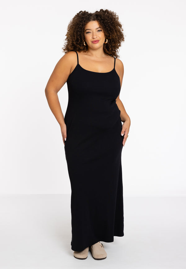 Yoek Jurk Spaghetti Rib LOUNGE - Zwart