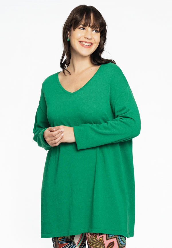 yoek Trui met V-hals cashmere - Groen
