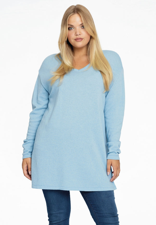 yoek Trui met V-hals cashmere - light blue