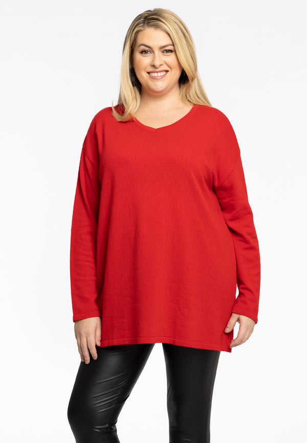 yoek Trui met V-hals cashmere - light red