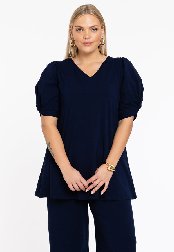 yoek Tuniek flare met pofmouwen COTTON - Blauw