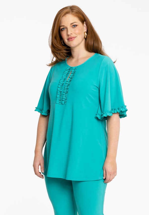 yoek Tuniek flare met ruches DOLCE - Turquoise
