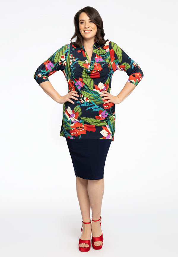 Yoek Tuniek Flare Met Watervalhals JANICE - Blauw