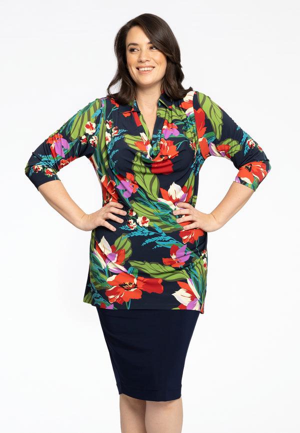 yoek Tuniek flare met watervalhals JANICE - Blauw