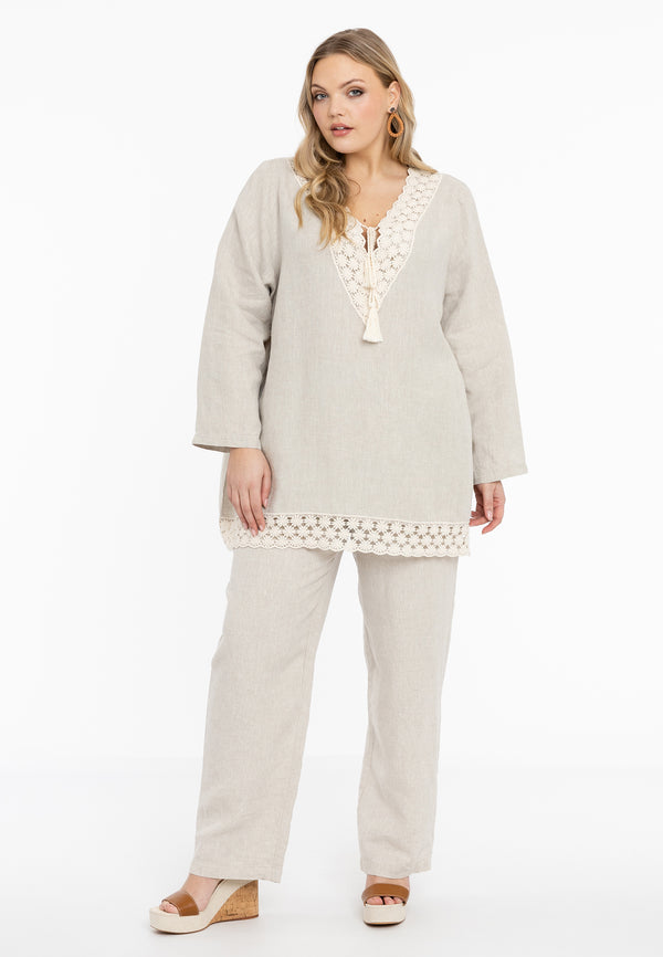 Yoek Wijde Blouse Met Kant LINEN - Light Brown