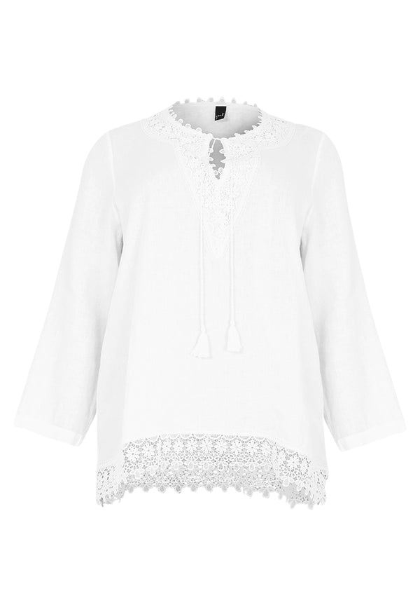 Yoek Wijde Blouse Met Kant LINEN - Wit