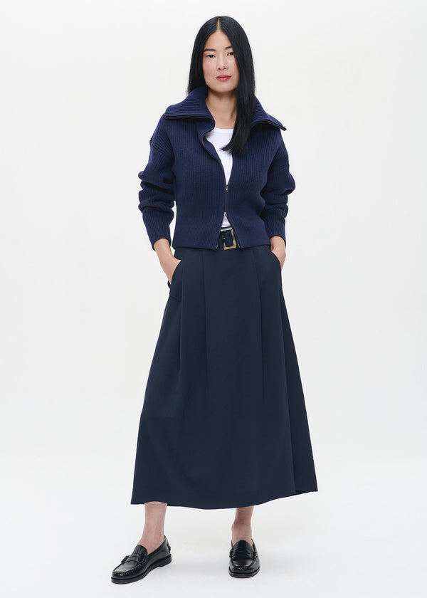 zenggi MERINO WAISTED HIGH NECK ZIP CARDI DEEP BLUE