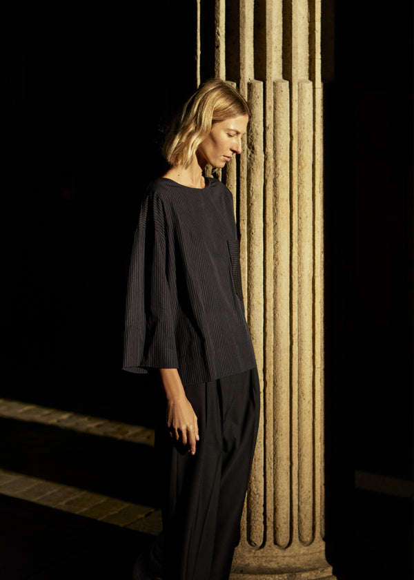 zenggi POPLIN PINSTRIPE COTTON TOP MIDNIGHT BLUE