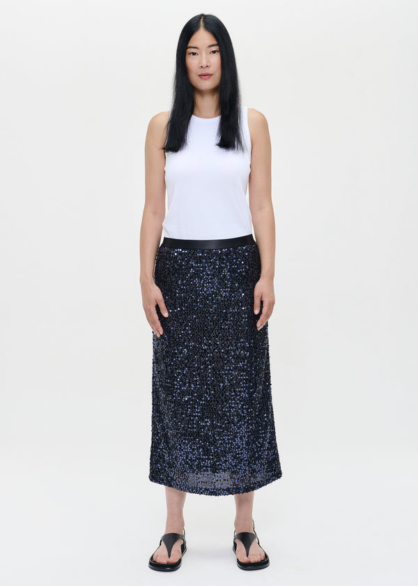 zenggi SEQUINNED LONG STRAIGHT SKIRT MIDNIGHT BLUE