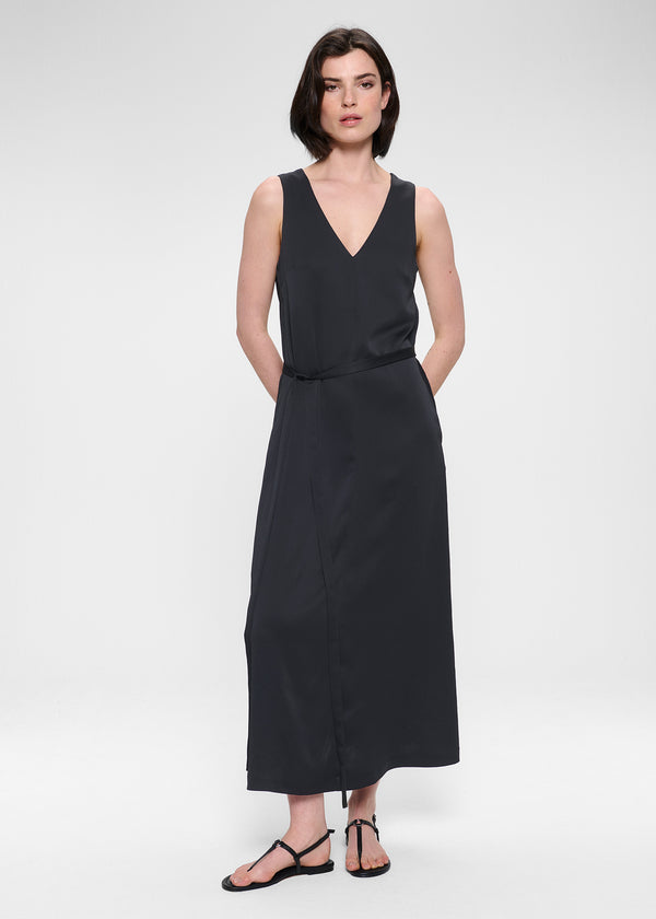 zenggi WASHED SATIN V-NECK DRESS BLACK