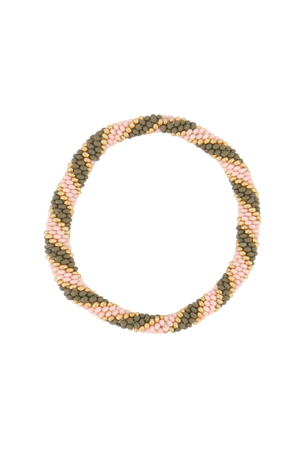 zusss armband diagonaal kraal breed licht roze / khakigroen