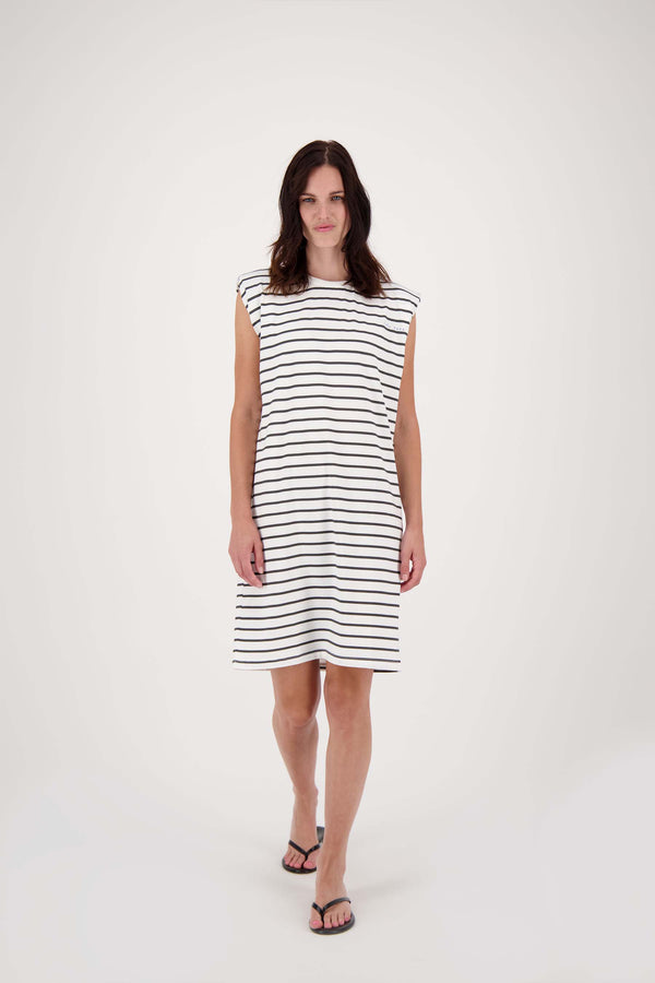 Zusss Jersey Streep Jurk Met Schoudervullingen Off White / Zwart