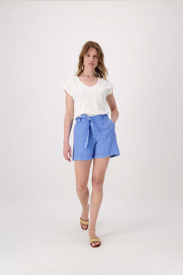 zusss linnen short met strik ceintuur lavenderblauw