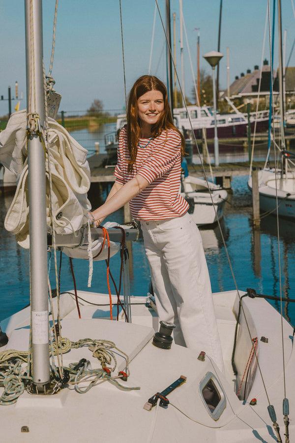 zusss poffmouw top met streep in structuur materiaal off white / rood