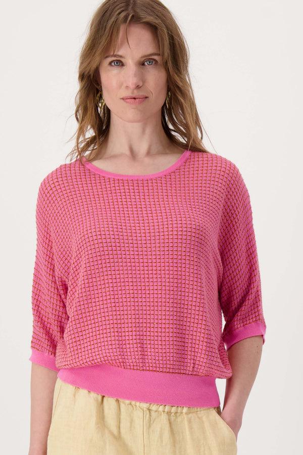 zusss ronde hals brei trui met lurex fel roze / oranje