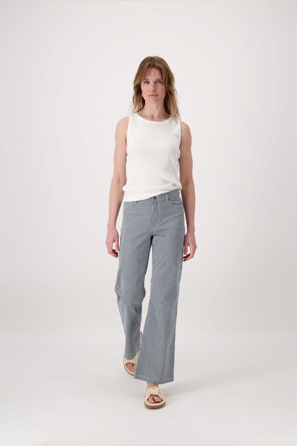 Zusss Streep Broek Stretch Flared Model Wit / Donkerblauw