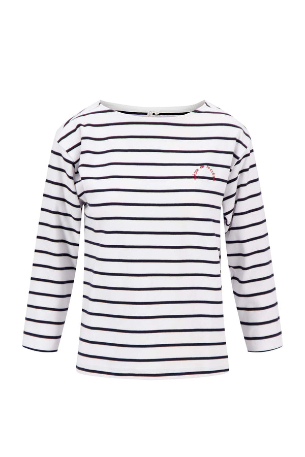 zusss top boothals met 3/4 mouw gestreept wit / donkerblauw