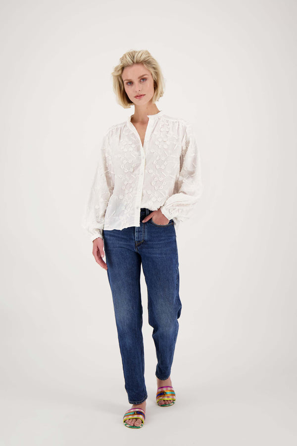 zusss blouse lange mouw structuur bloem wit