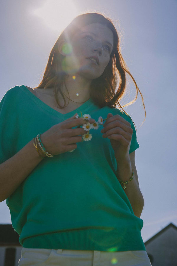 zusss fijnbrei top met v-hals turquoise