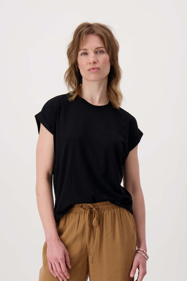 zusss jersey top opgerolde mouw zwart